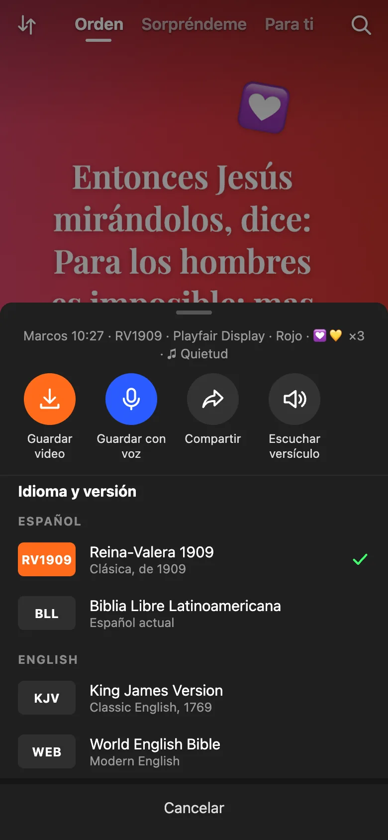 Menú al mantener presionado con el selector de idioma y versión