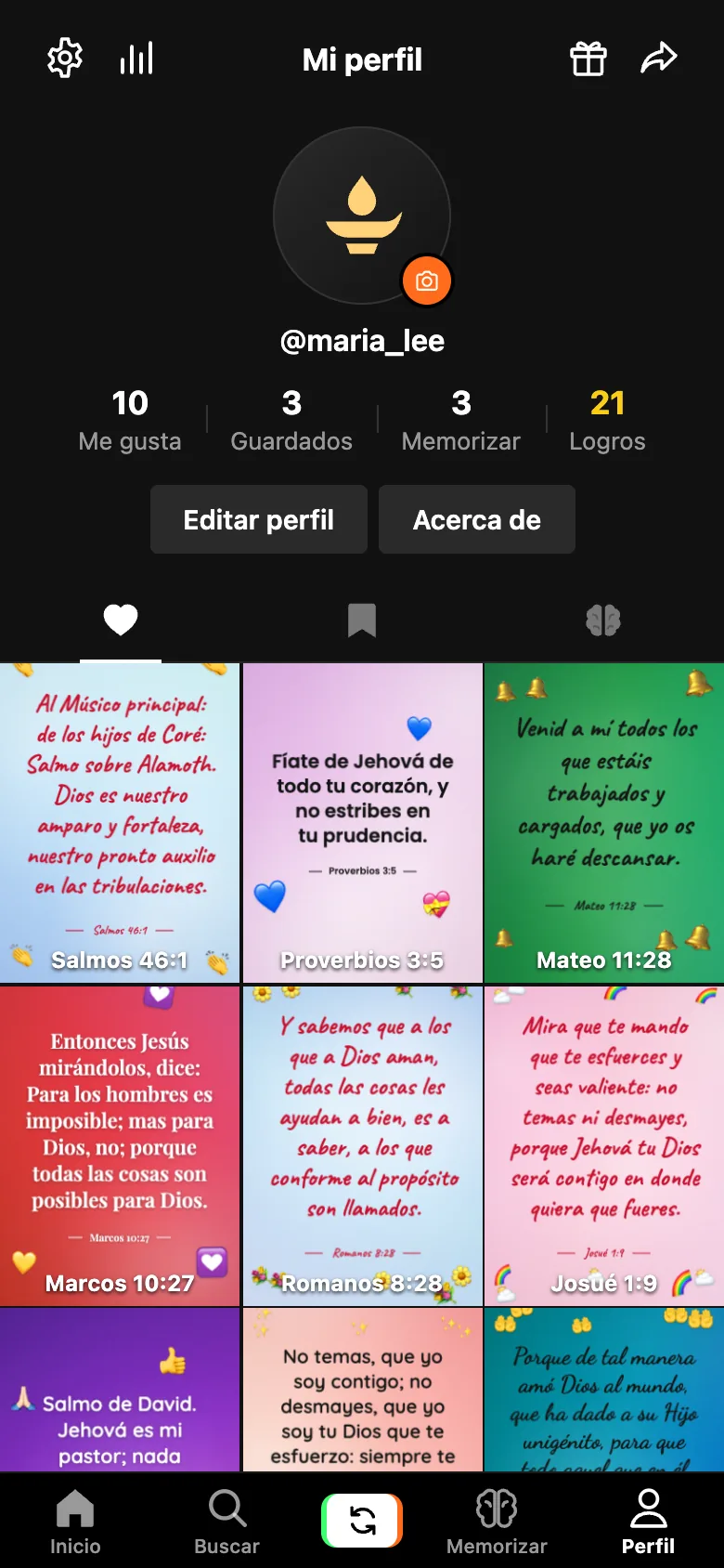 Perfil con me gusta, guardados y memorizar